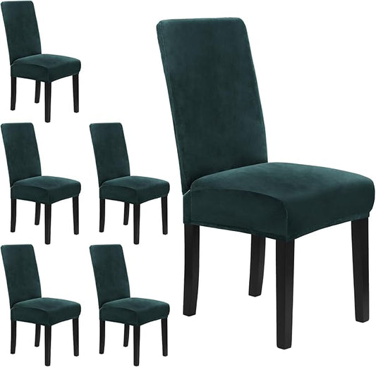 MOSAYT Velvet Stretch Chair Covers for Dining Room Set of 6 - Soft Slipcovers with Thick Removable Fabric for Parsons Chairs, Washable Seat Protectors for Kitchen, Banquet & Home Decor, Dark Teal