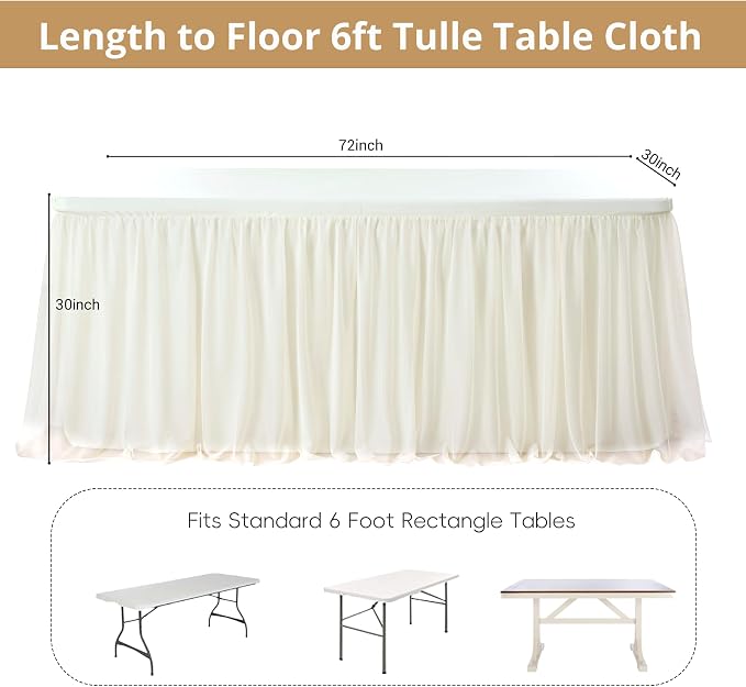leegleri 6 pk 6ft Ivory Tulle Tablecloth for Rectangle Tables, 2-in-1 Cream Table Covers with Tulle Skirt,Wrinkle Free Stretchy Ruffle Tulle Table Cloths Fitted for Wedding Party Banquet Vendor