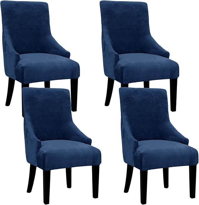 Velvet Wingback Dining Chair Cover Soft Stretch Accent Chair Cover Slipcover Thick Plush Wing Back Chairs Covers Furniture Protect Washable Chairs Protector Covers for Dining Room (Deep Blue, 4)