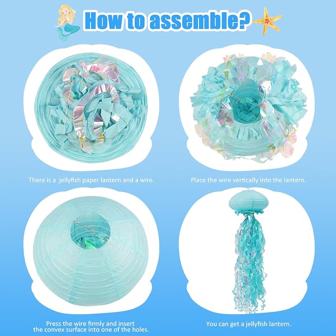 Mermaid Birthday Decorations, Jellyfish Paper Lanterns Hanging Jellyfish Decorations for Mermaid Baby Shower Under The Sea Blue Party Decorations Pack of 6 (Blue)