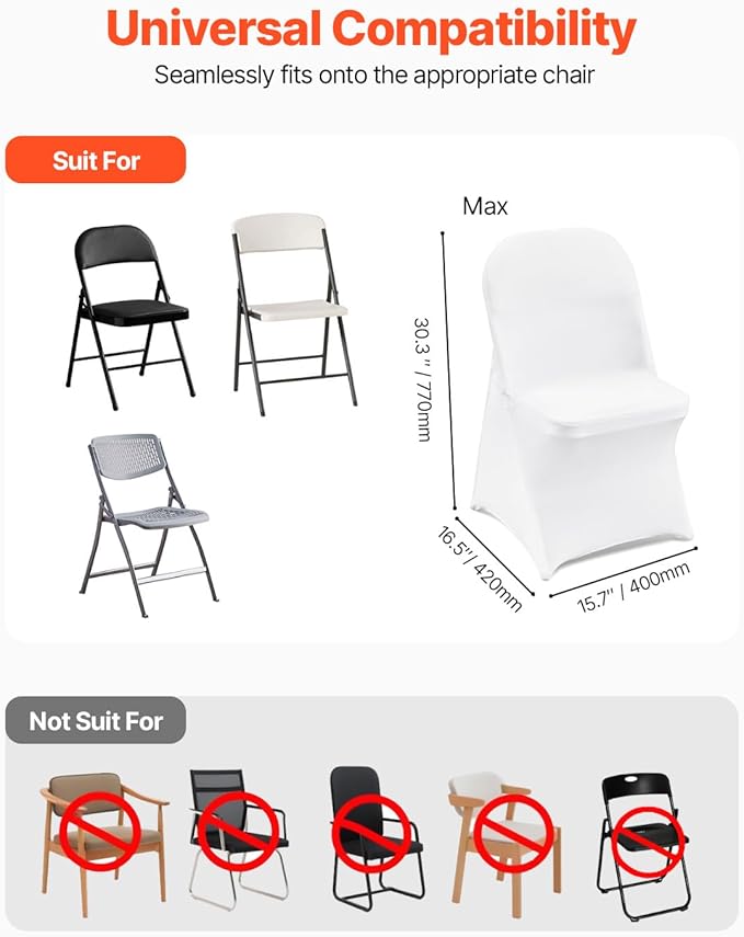 VEVOR 12 PCS White Folding Chair Covers, Kitchen Chairs Cover, Universal Washable Slipcovers Protector, Removable Chair Seat Covers, for Wedding Party Dining Room Banquet Event