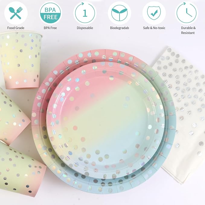 400Pcs Disposable Party Dinnerware Set, Paper Tableware Set, Disposable Party Supplies Happy Birthday Paper Plates, Napkins, Cups, Plastic Forks Knives Spoons Straws Favor for 50 Guests