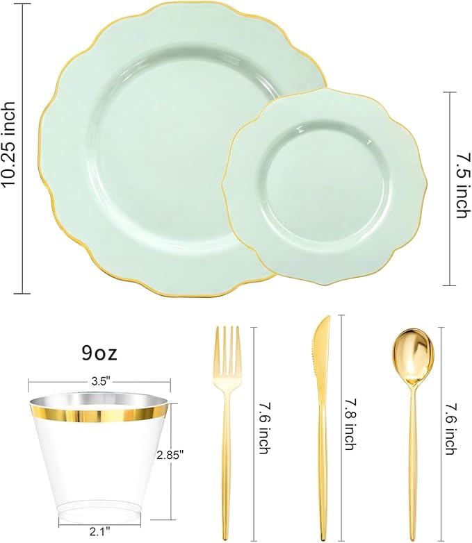 bUCLA 180PCS Green Plastic Plates - Disposable Sage Green with Gold Rim - Include 30 (Dinner & Dessert) Plates, 30 Knives, 30 Forks, 30 Spoons and 30 Cups for Party, Spring & Shower