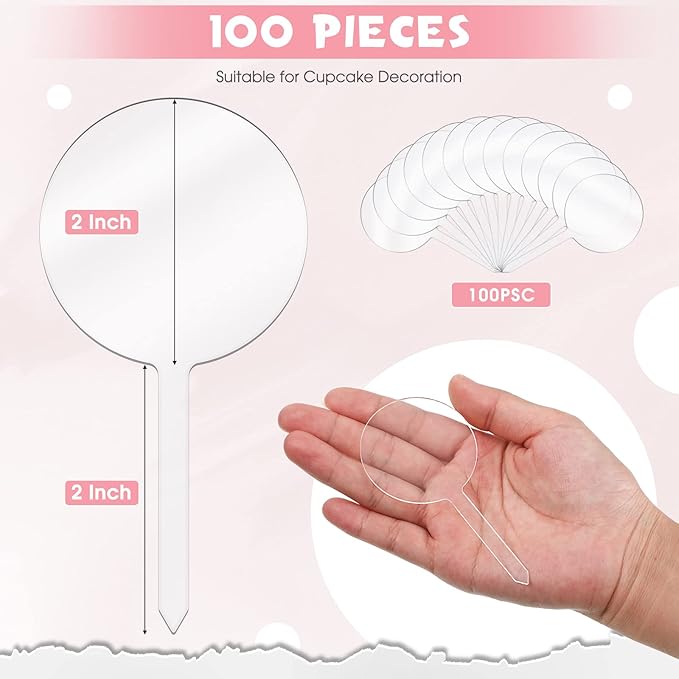 BBTO 100 Pieces 2 Inch Circle Blank Cupcake Toppers DIY Acrylic Round Clear Cupcake Toppers Sticks for Birthday Festival Party Christmas Halloween Baby Shower Wedding Party Cupcakes Decoration