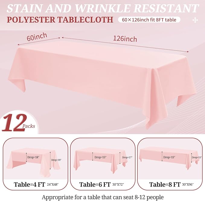12 Pack Pink Tablecloths for Rectangle Tables 60 x 126 Inch Pink Polyester Tablecloth 8 Foot Rectangle Table Cloth Washable Fabric Table Cover for Party Wedding Banquet Restaurant Events