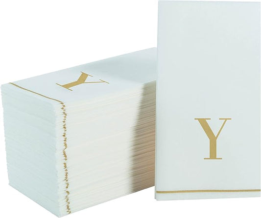 Luxe Party 112 Pack Monogram Napkins | Letter Y Initial | Disposable | Premium Airlaid | Linen Feel | Decorative Table Setting | Guest Towel Napkin | White and Gold