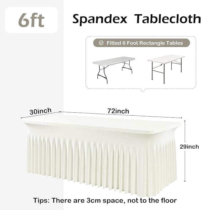 6 pk Ivory Spandex Tablecloth 6ft with Ruffle Skirts,Wrinkle Free High Stretch Cream Fitted Tablecloths for 6 Foot Rectangle Tables,Elastic Spandex Table Covers 6 ft for Parties Weddings Banquet