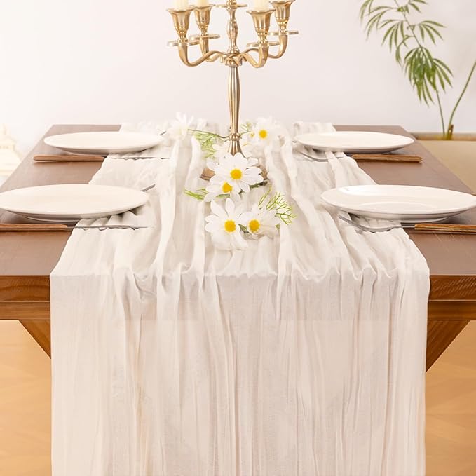 Socomi Ivory White Cheesecloth Table Runner Summer Boho Rustic Gauze 120 inch 10FT Cheese Cloth Sheer Runner for Wedding Party Baby Shower Birthday Home Decor Holiday Decorations