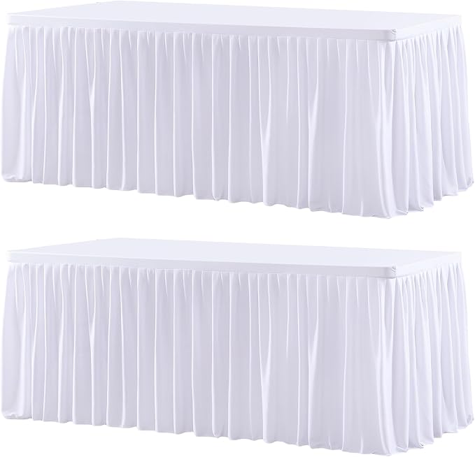 Wish Care 2 Pack White Rectangle Table Clothes for 8 Foot Tables, Polyester Fitted Tablecloths 8ft Stretch Table Cover for Wedding, Birthday, Parties, Trade Show, Craft Show