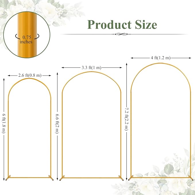 Tamodan Metal Arch Backdrop Stand Set of 3 (7.2FT+6.6FT+6FT), Gold Wedding Arch with 12 Ground Nails, Stable Balloon Flower Arch for Wedding Birthday Baby Shower Garden Decor