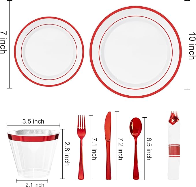 DaYammi 210PCS Red Plastic Dinnerware Set Red Plates Disposable Disposable Plates for Party Include: 30 Dinner Plates,30 Dessert Plates,30 Pre Rolled Napkins with Silverware,30 Cups for Wedding