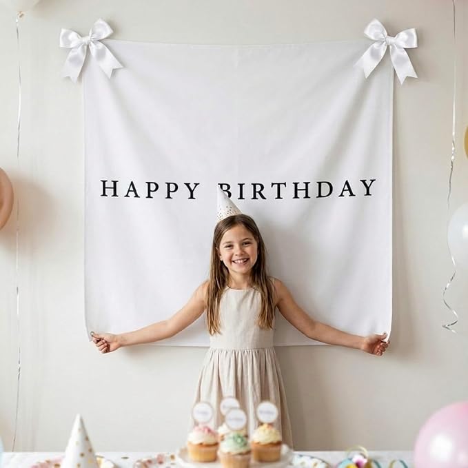 Oudain 40x40 Inch Happy Birthday Burlap Banner, Fabric Party Decorations Backdrop, Boho Rustic Photo Props Sign with Hanging String for Birthday Party Indoor Outdoor Yard Wall Decor