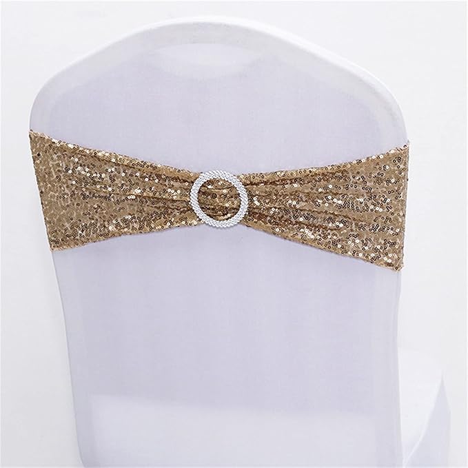 Dimatic 10 PCS Stretch Sequin Chair Sashes Chair Stretchy Spandex Bands for Wedding Reception Events Banquets Chairs Decoration (Champagne)