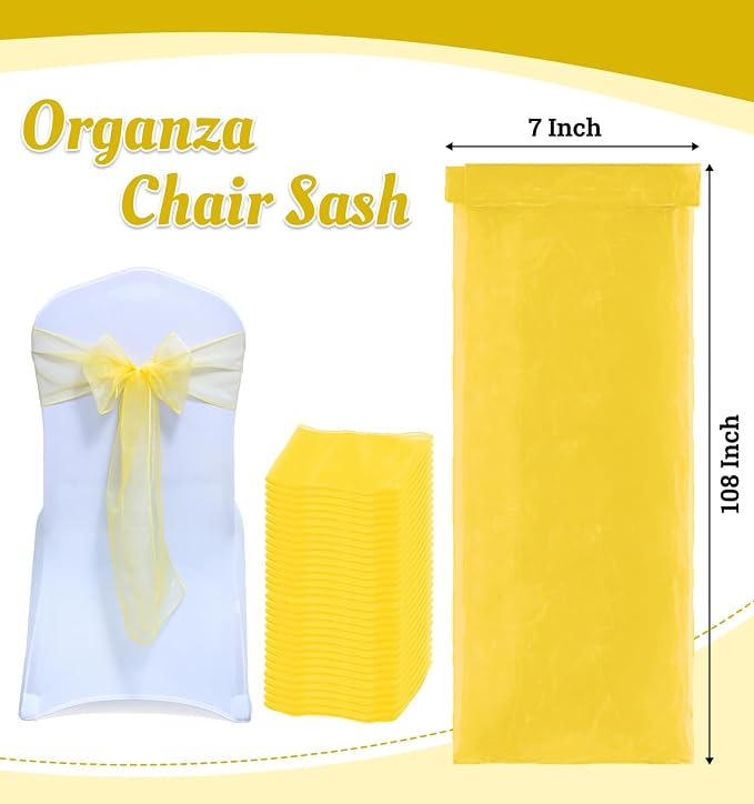 MDS® Pack of 125 Organza Chair Sashes for Wedding Decoration, Reusable Sheer Chair Bows for Banquet Chair Cover, Reception, Bridal Shower, Baby Shower, Birthday Party & Special Events - Yellow