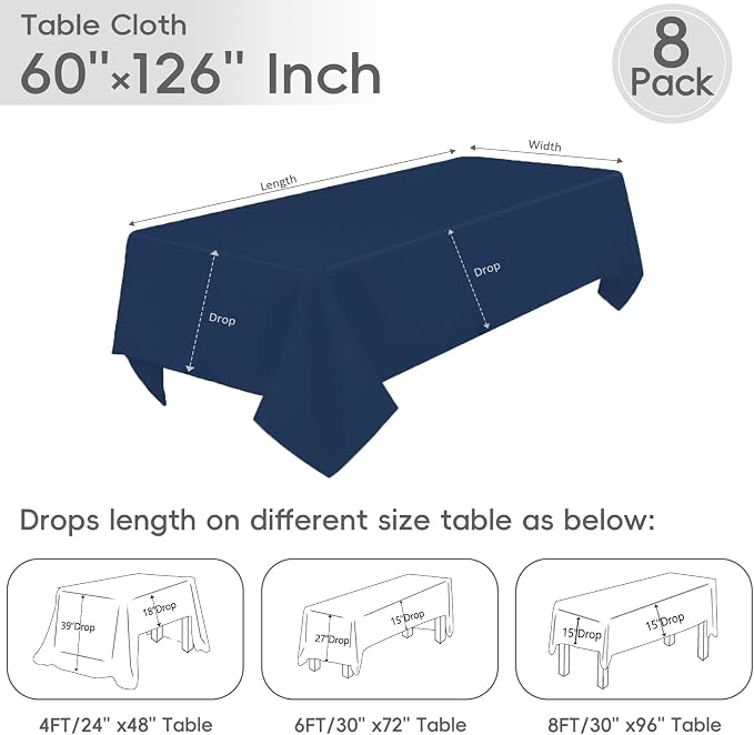 8 Pack Navy Blue Tablecloth 60 x 126 Inch Rectangular Table Cloth for 6 Foot Rectangle Tables, Wrinkle Resistant Washable Polyester Fabric Table Covers for Wedding Party Banquet Buffet and Camping