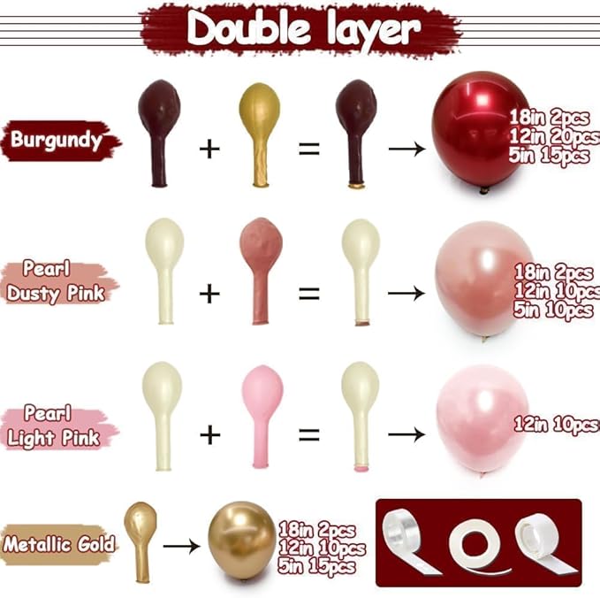 Burgundy Pink Balloon Arch Kit, Double Stuffed Ruby Red Pearl Pink Gold Balloon Garland Wine Red Maroon Balloons for Mother's Day Wedding Engagement Bridal Shower Birthday Graduation Party Decor