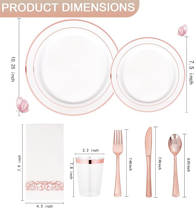 Supernal 200pcs Rose Gold Plastic Dinnerware included Disposable Flatware& Plastic Party Plates Disaposable Cups and Napkins,Perfect for Valentine's Day Mother's Day and Easter