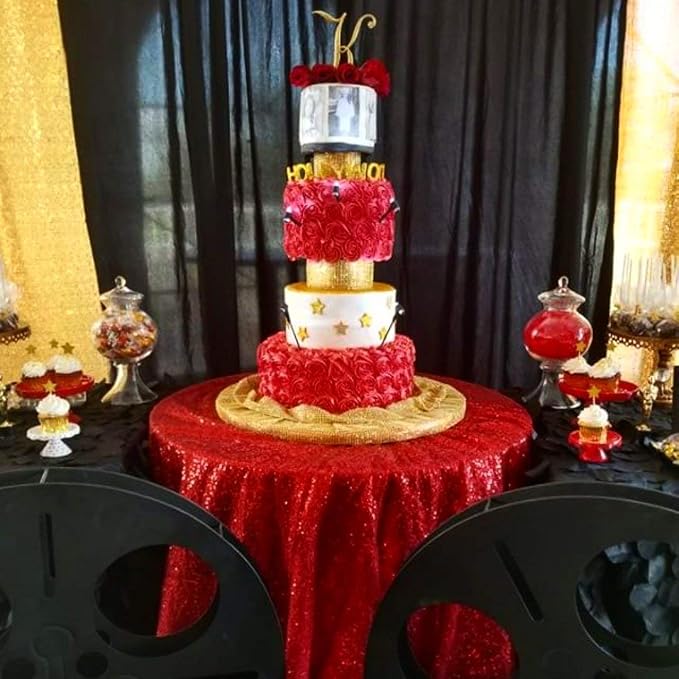 B-COOL Sequin Tablecloth Round Party Decorations: Red Table Cloth Overlay 132 Inch Large Sparkle Fabric for Christmas Birthday Beach Parties