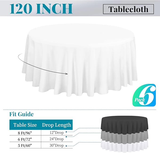 fani 6 Pack White Round Tablecloth 120 Inch Polyester Tablecloth for Round Table, Stain and Wrinkle Resistant Washable Fabric Table Cloth Circular Table Cover for Wedding Party Dining Banquet