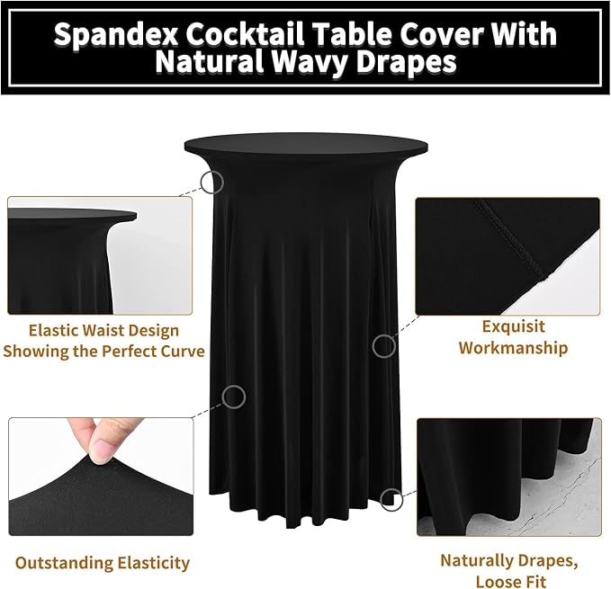 2 Packs Round Cocktail Table Skirt 32"x 43" Spandex Stretch Cocktail Tablecloth with Wavy Drapes, Black Spandex Fitted High Top Table Covers for Wedding Party Birthday Banquet Bar