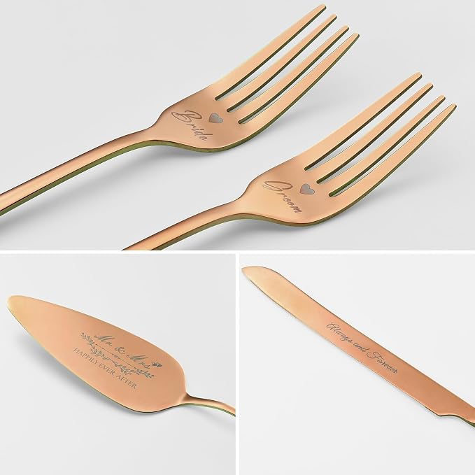 Wedding Cake Knife and Server Set, Rose Gold Cake Cutting Set for Wedding, 4 Pieces Set with Forks for Engagements, Anniversaries, Bride and Groom