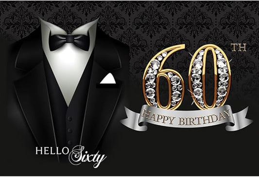 7x5ft Men 60th Birthday Backdrop Black Necktie Suit Tuxedo Diamonds Gold 60th Happy Birthday Photography Background Hello Sixty Birthday Party Supplies Cake Table Banner Photo Booth Props