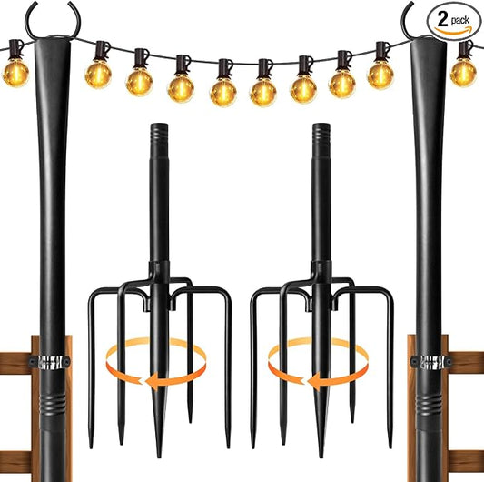 2 Pack String Light Poles for Outside, Thickened Metal Lights Hanger Pole Outdoor with Fork, Lighting Hanging Post Accessories for Patio Decor Garden Backyard Yard Front Porch Outside Decorations
