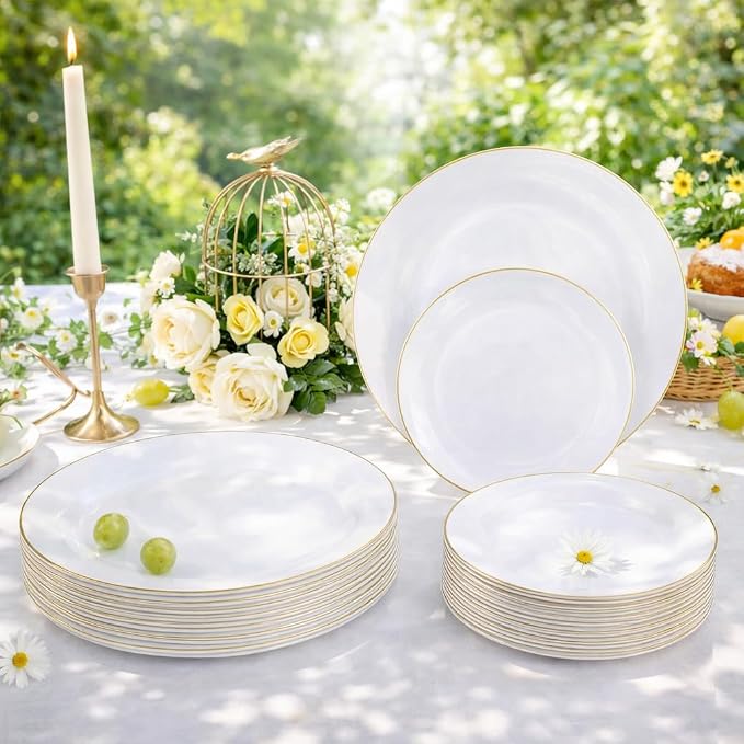 Festiva 175PCS White and Gold Plastic Plates - White with Gold Rim Fall Dinnerware Set - 25Guest include Plates Cups Cutlery Napkins for Birthday Party&Wedding& Easter