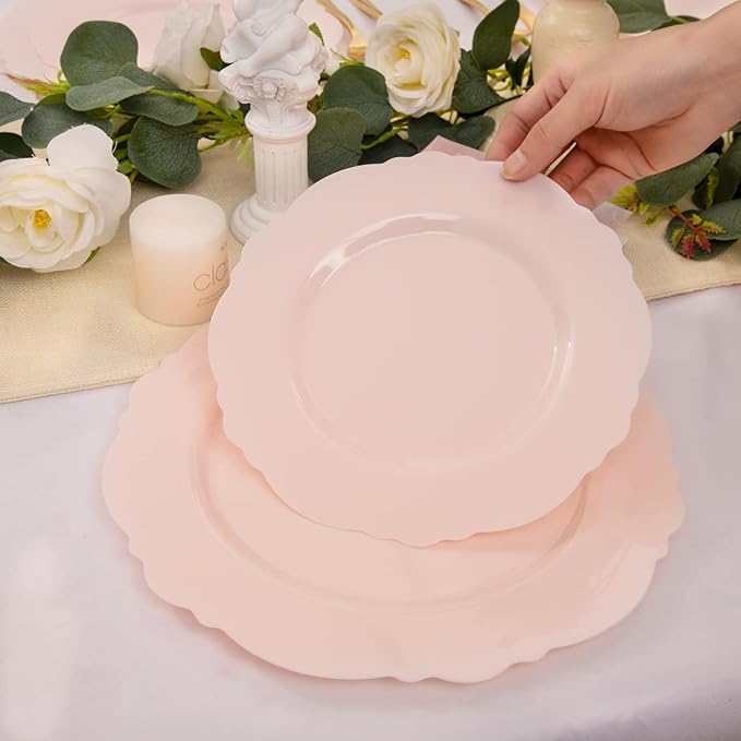 WDF 60pcs Pink Plastic Plates - Baroque Pink Disposable Plates Including 30 Dinner Plates 10.25inch, 30 Dessert Plates 7.5inch for Upscale Wedding/Baby Shower/Spring/Mother's Day