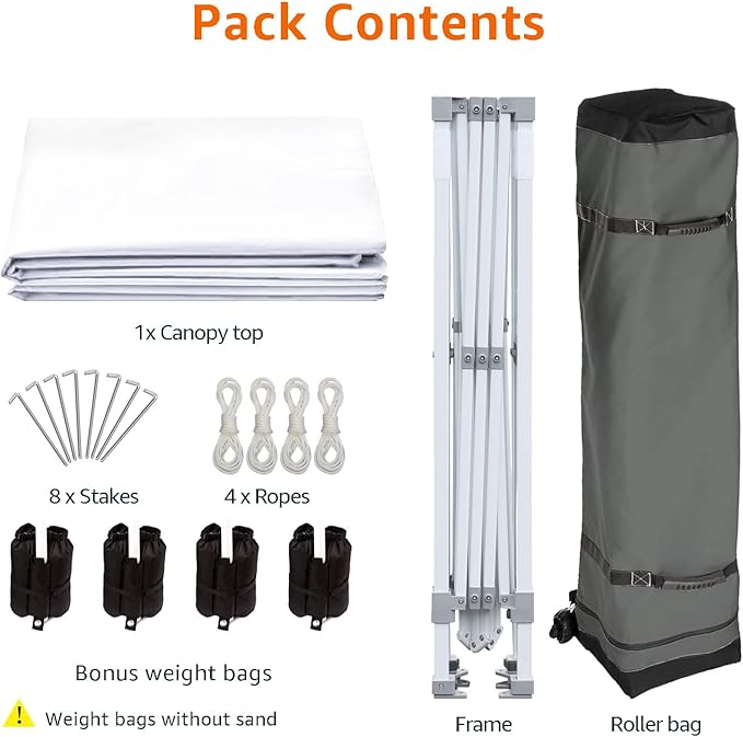 Amazon Basics Outdoor Pop Up 10 x 10 Canopy Tent for Events, Portable with Easy Setup, Sun Shelter, Includes Wheeled Carry Bag, 8 Pegs, 4 Ropes, 4 Weighted Bags, White