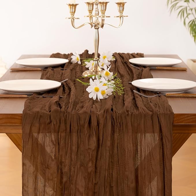 Socomi 2pcs Brown Coffee Easter Spring Cheesecloth Table Runner Boho Rustic Gauze 120 inch 10FT Cheese Cloth Runner for Wedding Party Baby Shower Birthday Home Decor Holiday Decorations