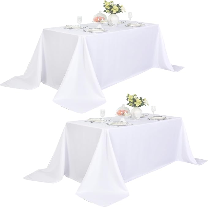 2-Pack 90x132 inch White Table Cloths, Solid Stain and Wrinkle Resistant Oblong Tablecloth, Premium Plain Weave Polyester Fabric Rectangle Table Linen Covers for Hotel, Wedding