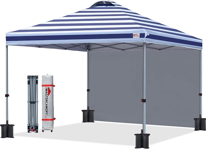 MASTERCANOPY 10x10 Pop Up Canopy Tent with 1 Sidewall, 1 Person Setup Instant Shelter, Outdoor Portable Beach Canopy, 1 Roller Bag, 4 Sandbags, 4 Ropes, 8 Stakes (10x10, Navy Blue Stripes)