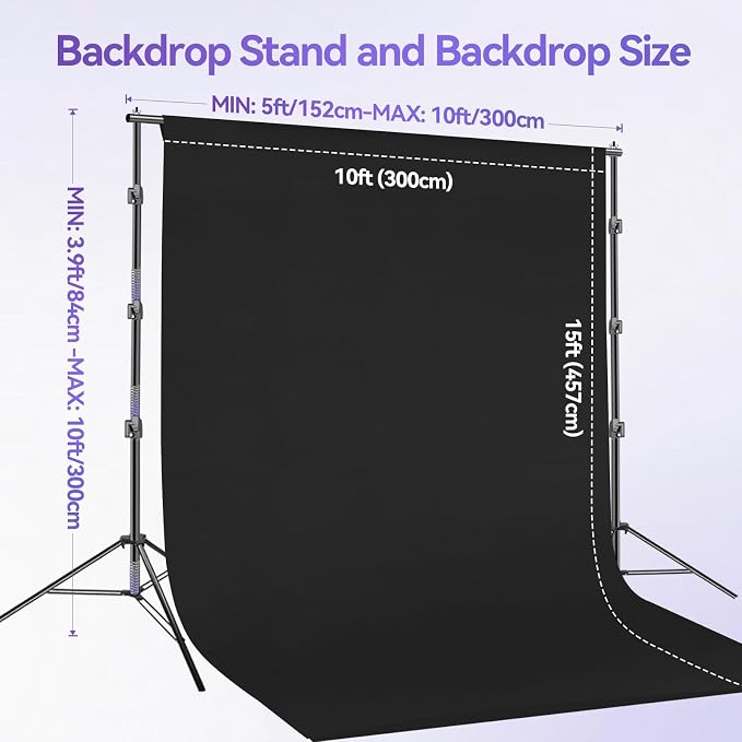 EMART 10 x 10 ft Adjustable Photo Backdrop Stand Kit with 15 x 10 ft Portable Black Backdrop, Background Holder Support System Kit for Photography, Party, Live Game, Interviews, YouTube, TIK Tok