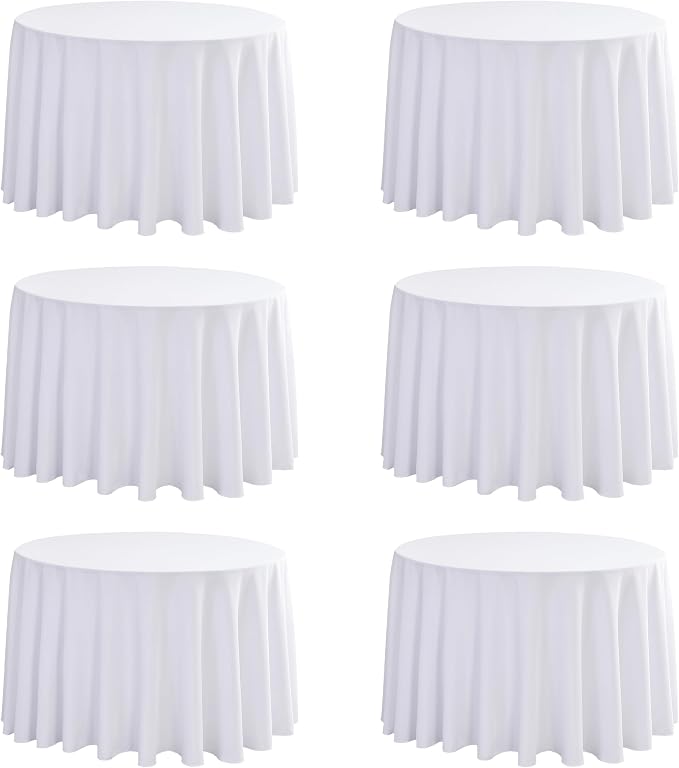 6-Pack Round 90-inch White Table Cloths, Solid Stain and Wrinkle Resistant Circular Tablecloth, Premium Plain Weave Polyester Fabric Table Linen Covers for Hotel, Banquet