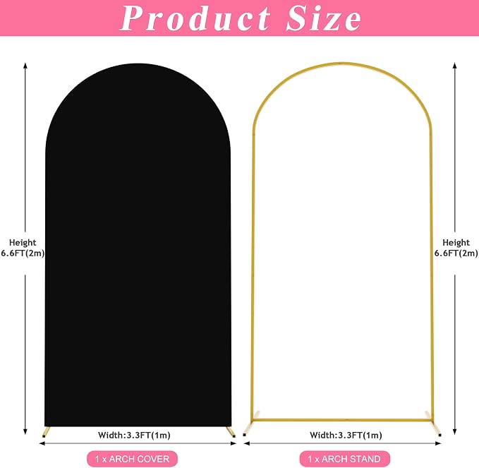 Putros Arch Backdrop Stand and Cover Set, 6.6ft, Gold Arch Stand with Black Cover, Metal Arched Background Frame for Wedding, Birthday Party, Baby Shower, Photography Decoration