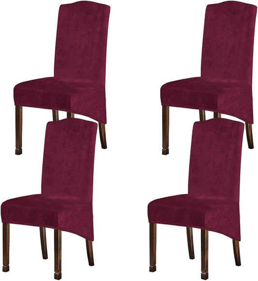 Velvet Plush XL Dining Chair Covers, Stretch Chaircover, Spandex High Chairs Protector Covers Seat Slipcover with Elastic Band for Dining Room,Wedding, Ceremony, Banquet (Wine Red, Set of 4)
