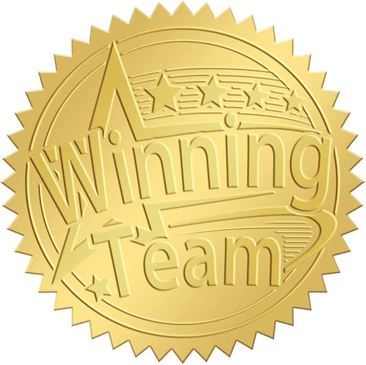 CRASPIRE 2 Inch Envelope Seals Stickers Winning Team 100pcs Embossed Foil Seals Adhesive Gold Foil Seals Stickers Label for Envelopes Diplomas Certificates Awards Graduation