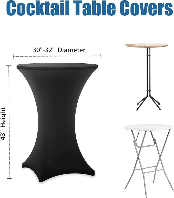 Cocktail Table Covers - 4 Pack 32x43 Inch Table Cloth - Black Fitted Stretch Spandex Round High Top Tablecloth for Party, Bar, Birthday, Pub, Banquet