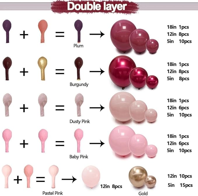Burgundy Pink Balloon Garland Double Stuffed Pastel Light Pink Gold Mauve Balloons Maroon Lavender Latex Plum Balloon Arch Kit for Birthday Galentine Wedding Baby Shower Decoration