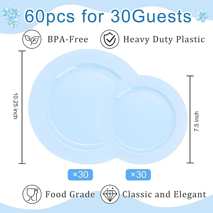 FLOWERCAT 60PCS Light Blue Heavy Duty Plastic Disposable Party Plates Set – 30pcs 10.25″ Dinner & 30pcs 7.5″ Dessert Plates – Durable Blue Tableware for Easter Parties, Wedding, BBQ & Baby Shower