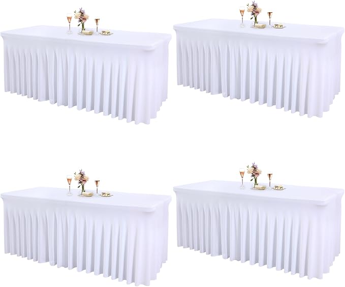 4 Packs White Tableclothes for 6 Foot Rectangle Tables, Wrinkle Resistant Fitted Table Cloth Stretch Spandex Table Covers with Skirt for Event Banquet Wedding Birthday Party