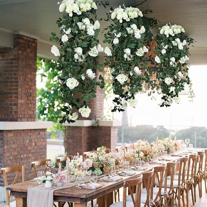 RECUTMS Artificial White Rose Hanging Flower Plants, 4pcs 37Inch Fake Floral Ivy Garland with 30 LED Fairy String Lights for Outdoors Home Room Wedding Memorial Day Funeral Bridal Shower Indoor Decor