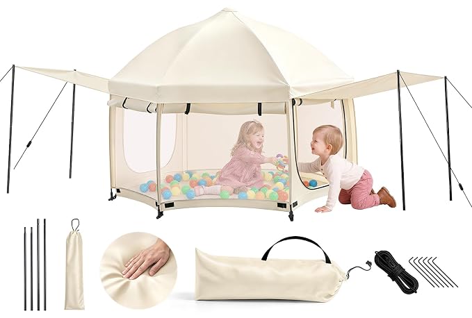 Dripex Upgraded Pop Up Playpen w/t 2-Side Canopy Extension & Built-in Pad,Quick Foldable Indoor/Outdoor Baby Playpen w/t One-Click Safe Lock,2-Side Roll-Up Door,Travel Pop and Go Beach Play Pen Beige