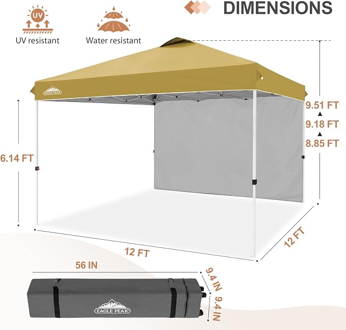 EAGLE PEAK Commercial Canopy 12x12 Pop Up Canopy Tent with 1 Sidewall, Easy Setup Heavy Duty Instant Event Shelter for Vendors & Markets, Outdoor Sun Shade, Beige