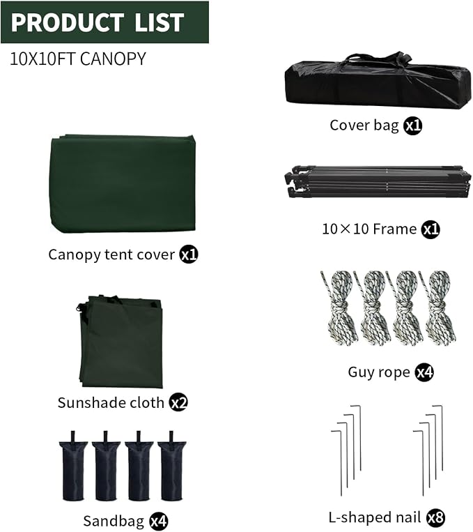 10x10 Pop Up Canopy Tent with 2 Sidewalls, Easy Up Canopy Outdoor Party Sun Shade Tent Portable Gazebo for Beach Camping Events with Carry Bag and 4 Sand Bags(Dark Green)