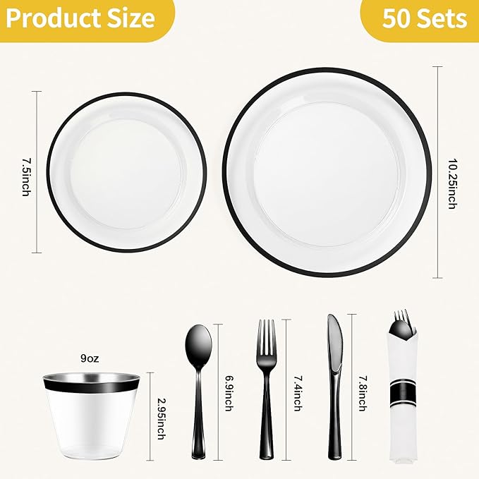Goodluck 350 Piece Black Plastic Dinnerware Set for Party, Clear Disposable Plates for 50 Guests, Includes 100 Plates, 50 Pre Rolled Napkins with Cutlery Set, 50 Cups, for Graduation Party, Wedding