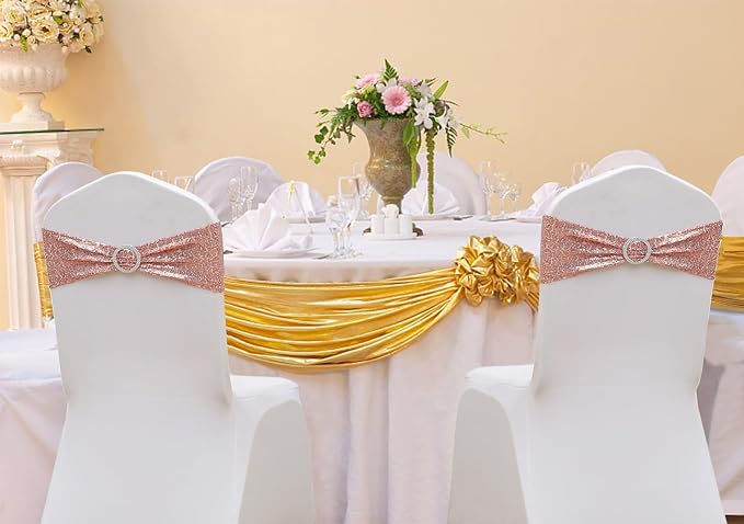 Double-Sided Sequins Rose Gold Chair Sashes for Wedding Decor, Rose Gold Sequin Chair Sashes Bands with Silver Buckles, Chair Bows for Party Ceremony Event Christmas Decorations - 100 Pack