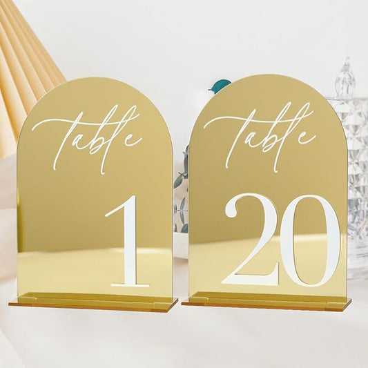 Gold Mirror Arch Acrylic Wedding table numbers 1-20 with Stands, 5"x7" Arched Acrylic Signs with White Numbers, Gold Mirror Table Numbers for Reception, Party, Anniversary, Event