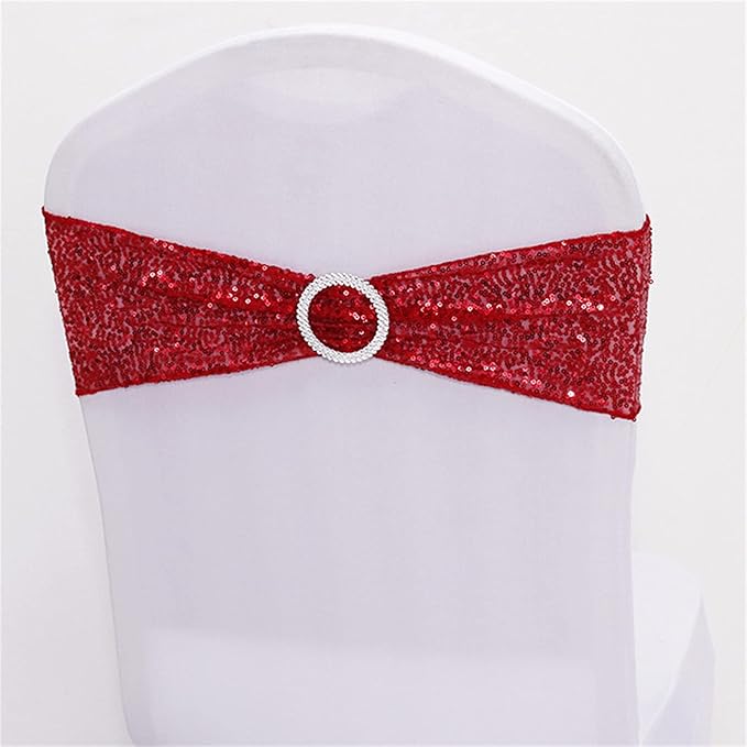 Dimatic 25 PCS Stretch Sequin Chair Sashes Chair Stretchy Spandex Bands for Wedding Reception Events Banquets Chairs Decoration (Red)